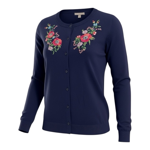 Vintage Embroidered Cardigan Sweater Sz 18 Navy Floral Button Down Cottagecore - Picture 2 of 10